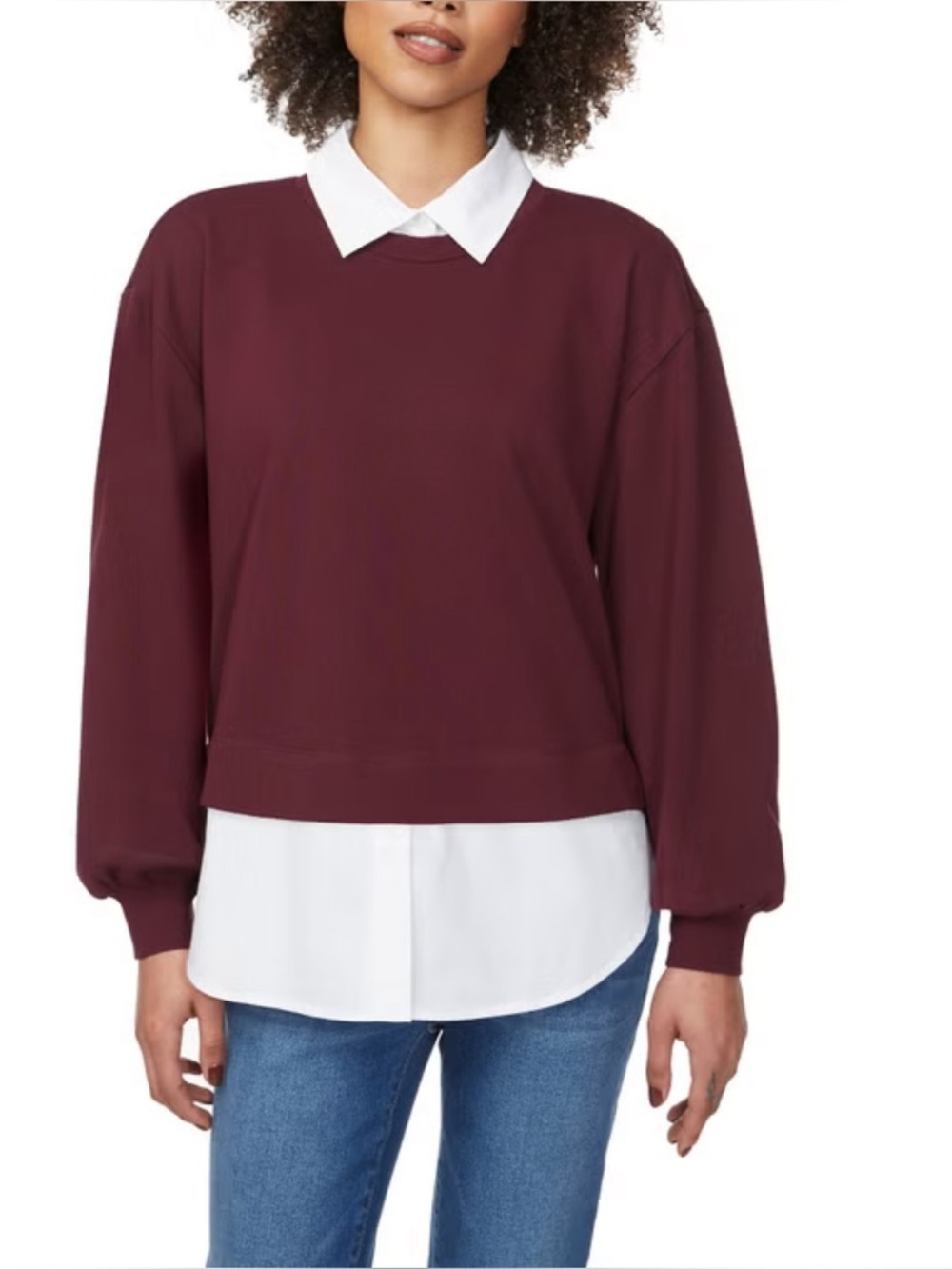 Loft Women’s Layered Sweatshirt w/faux Button Down Top – Deep Wine Color